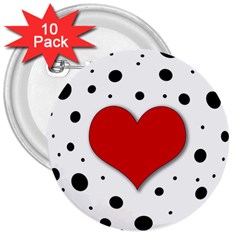 Red heart 3  Buttons (10 pack) 