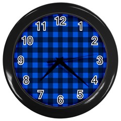 Blue And Black Plaid Pattern Wall Clocks (black) by Valentinaart