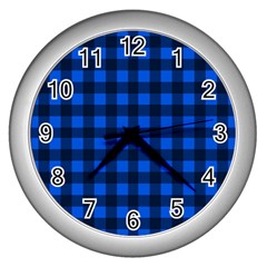 Blue And Black Plaid Pattern Wall Clocks (silver)  by Valentinaart