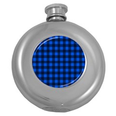 Blue And Black Plaid Pattern Round Hip Flask (5 Oz) by Valentinaart