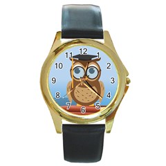 Read Owl Book Owl Glasses Read Round Gold Metal Watch by Nexatart