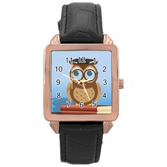 Read Owl Book Owl Glasses Read Rose Gold Leather Watch  by Nexatart