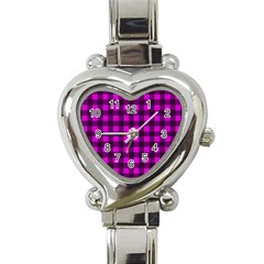 Magenta And Black Plaid Pattern Heart Italian Charm Watch by Valentinaart