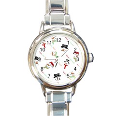 Snowman Christmas Pattern Round Italian Charm Watch by Nexatart