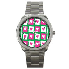 Pink Hearts Valentine Love Checks Sport Metal Watch by Nexatart