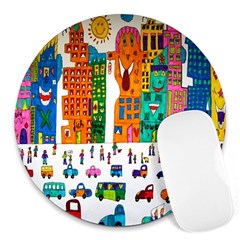 Painted Autos City Skyscrapers Round Mousepads by Nexatart