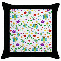 Cute Butterflies And Flowers Pattern Throw Pillow Case (black) by Valentinaart