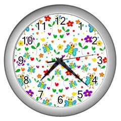 Cute Butterflies And Flowers Pattern Wall Clocks (silver)  by Valentinaart