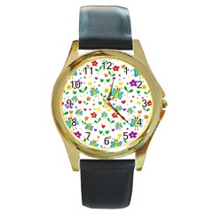 Cute Butterflies And Flowers Pattern Round Gold Metal Watch by Valentinaart