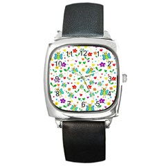 Cute Butterflies And Flowers Pattern Square Metal Watch by Valentinaart