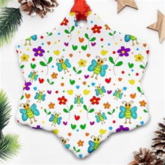 Cute Butterflies And Flowers Pattern Snowflake Ornament (two Sides) by Valentinaart