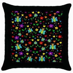 Butterflies And Flowers Pattern Throw Pillow Case (black) by Valentinaart