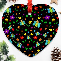 Butterflies And Flowers Pattern Heart Ornament (two Sides)