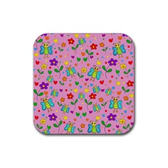 Cute Butterflies And Flowers Pattern - Pink Rubber Coaster (square)  by Valentinaart