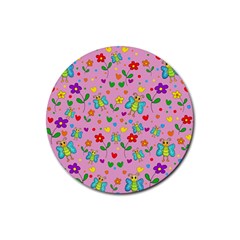 Cute Butterflies And Flowers Pattern - Pink Rubber Round Coaster (4 Pack)  by Valentinaart