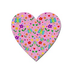 Cute Butterflies And Flowers Pattern - Pink Heart Magnet