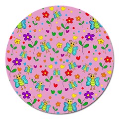 Cute Butterflies And Flowers Pattern - Pink Magnet 5  (round) by Valentinaart