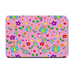 Cute Butterflies And Flowers Pattern - Pink Small Doormat  by Valentinaart