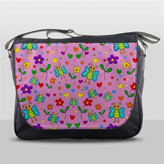 Cute Butterflies And Flowers Pattern - Pink Messenger Bags by Valentinaart