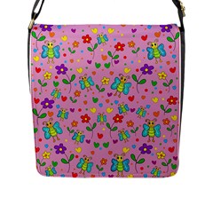 Cute Butterflies And Flowers Pattern - Pink Flap Messenger Bag (l)  by Valentinaart