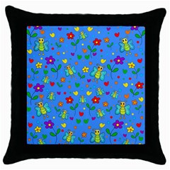 Cute Butterflies And Flowers Pattern - Blue Throw Pillow Case (black) by Valentinaart