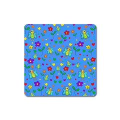 Cute Butterflies And Flowers Pattern - Blue Square Magnet by Valentinaart