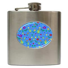 Cute Butterflies And Flowers Pattern - Blue Hip Flask (6 Oz) by Valentinaart