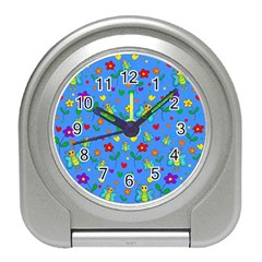 Cute Butterflies And Flowers Pattern - Blue Travel Alarm Clocks by Valentinaart