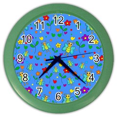 Cute Butterflies And Flowers Pattern - Blue Color Wall Clocks by Valentinaart