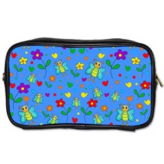 Cute Butterflies And Flowers Pattern - Blue Toiletries Bags by Valentinaart