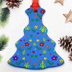 Cute Butterflies And Flowers Pattern - Blue Christmas Tree Ornament (two Sides)