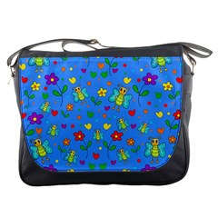 Cute Butterflies And Flowers Pattern - Blue Messenger Bags by Valentinaart