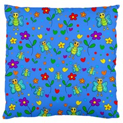 Cute Butterflies And Flowers Pattern - Blue Large Cushion Case (one Side) by Valentinaart