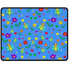 Cute Butterflies And Flowers Pattern - Blue Double Sided Fleece Blanket (medium)  by Valentinaart