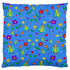 Cute Butterflies And Flowers Pattern - Blue Large Flano Cushion Case (two Sides) by Valentinaart