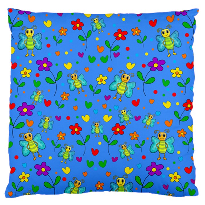 Cute butterflies and flowers pattern - blue Large Flano Cushion Case (Two Sides)