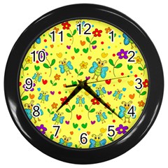 Cute Butterflies And Flowers - Yellow Wall Clocks (black) by Valentinaart