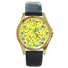 Cute Butterflies And Flowers - Yellow Round Gold Metal Watch by Valentinaart