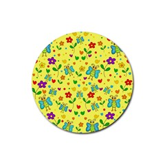 Cute Butterflies And Flowers - Yellow Rubber Coaster (round)  by Valentinaart