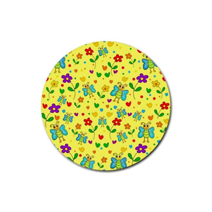 Cute butterflies and flowers - yellow Rubber Coaster (Round) 