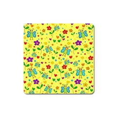 Cute Butterflies And Flowers - Yellow Square Magnet by Valentinaart