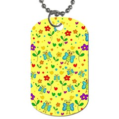 Cute Butterflies And Flowers - Yellow Dog Tag (one Side) by Valentinaart