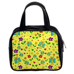 Cute Butterflies And Flowers - Yellow Classic Handbags (2 Sides) by Valentinaart