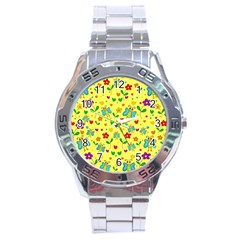 Cute Butterflies And Flowers - Yellow Stainless Steel Analogue Watch by Valentinaart