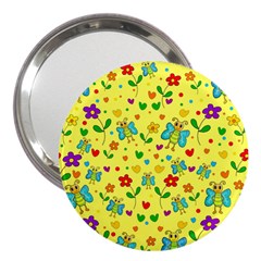 Cute Butterflies And Flowers - Yellow 3  Handbag Mirrors by Valentinaart