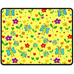 Cute Butterflies And Flowers - Yellow Double Sided Fleece Blanket (medium)  by Valentinaart