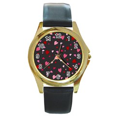 Hearts Pattern Round Gold Metal Watch by Valentinaart