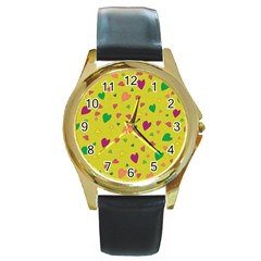 Colorful Hearts Round Gold Metal Watch by Valentinaart