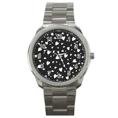 Black And White Hearts Pattern Sport Metal Watch by Valentinaart