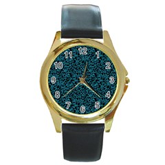 Blue Coral Pattern Round Gold Metal Watch by Valentinaart